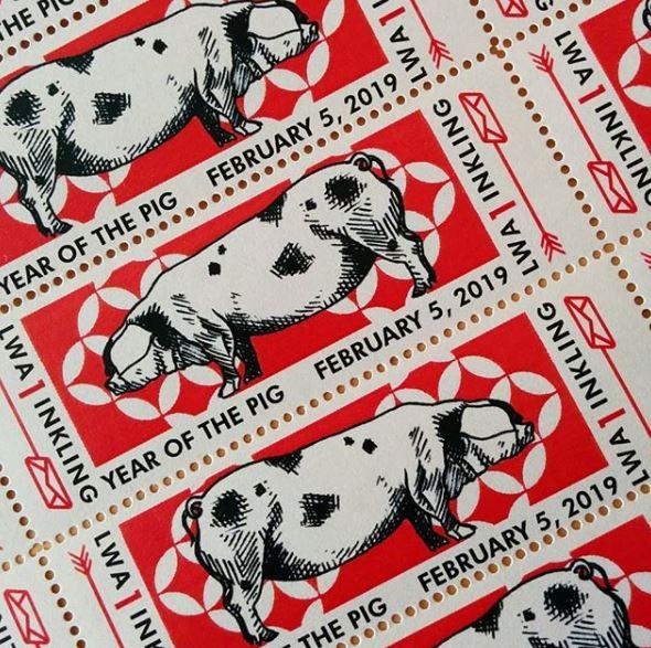 fake postage with illustration of a pig with an abstract red design behind him