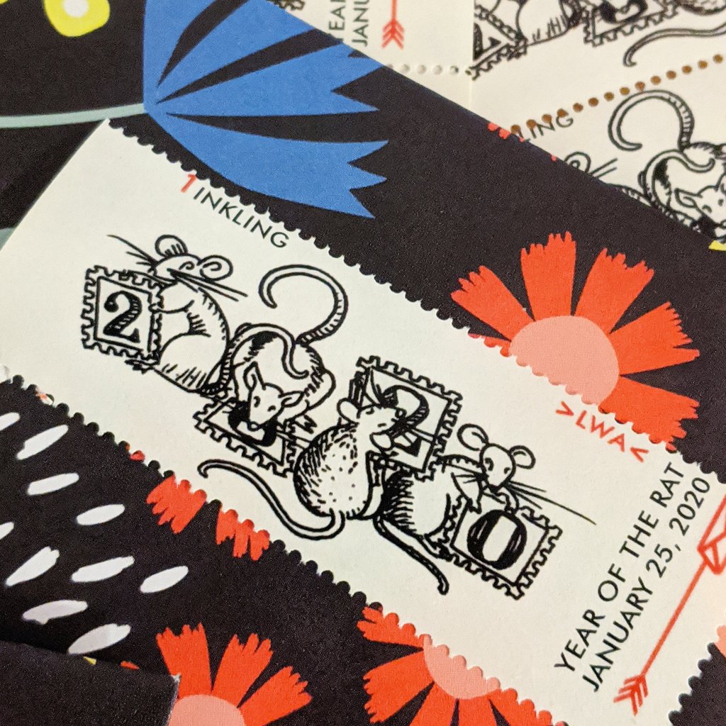 art postage with drawing of rats holding stamps that spell out 2020